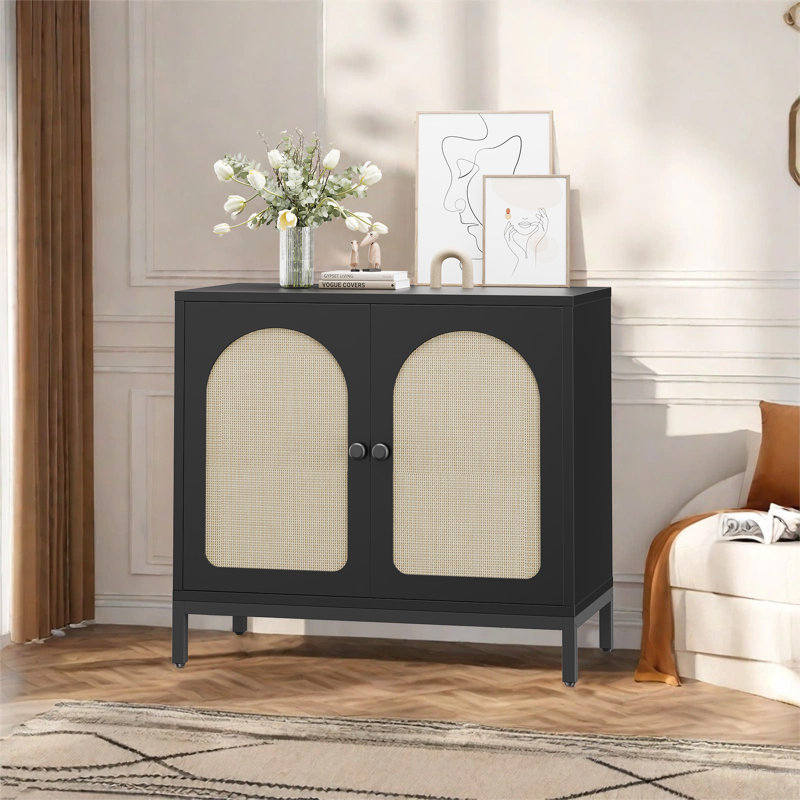 Buffet 31,5 "en rotin avec tablette réglable, armoire de rangement Boho pour la salle à manger, la cuisine et le vestibule, noir