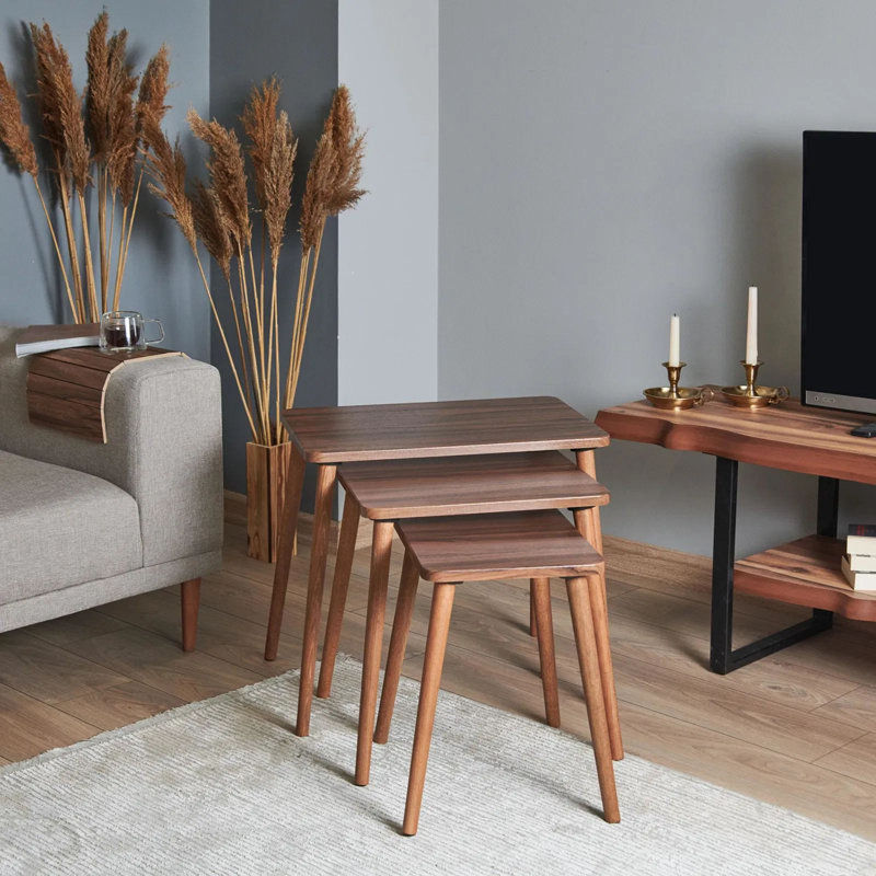 Elegant Nesting Table Set (3 Pieces), Walnut Finish, 22.8 x 18.5 x 15.7 inches | 100% MDF, 0.35 mm Membrane Coated Top, Sturdy Wooden Legs | Perfect for Living Room, Modern Design, Space-Saving Solution