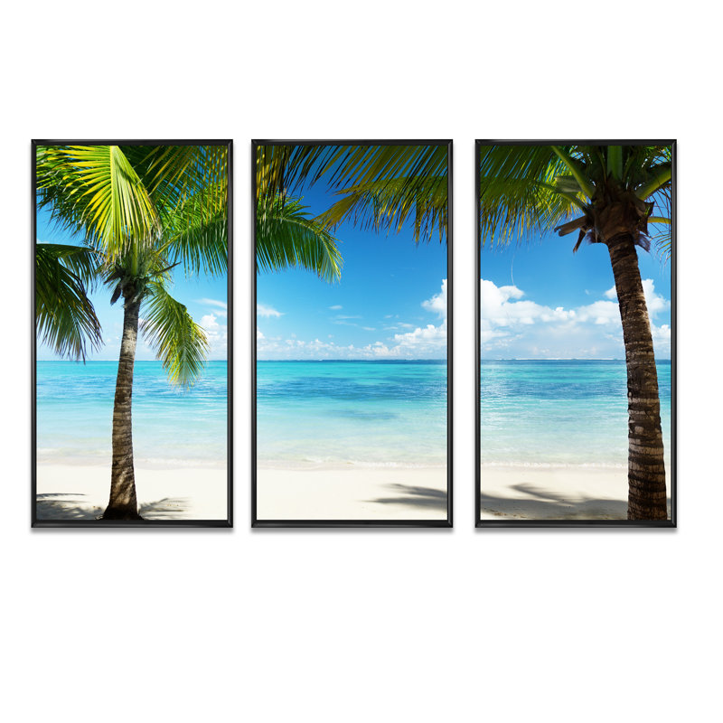 Palmiers et mer - 3 pièces, cadre photo flottant sur toile, Noir,  H 28 po x l 36 po 