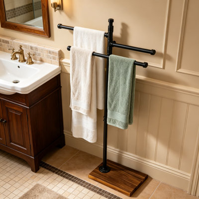 Porte-serviettes sur pied pour salle de bain avec bras pivotants à 360°, support autoportant pour serviettes de bain et de piscine, style ferme, sans perçage