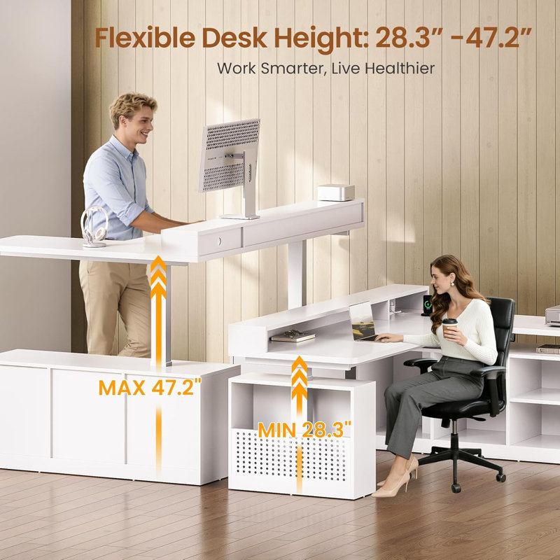 L Shaped Desk Computer Desk With Power Outlets & Led Lights, White