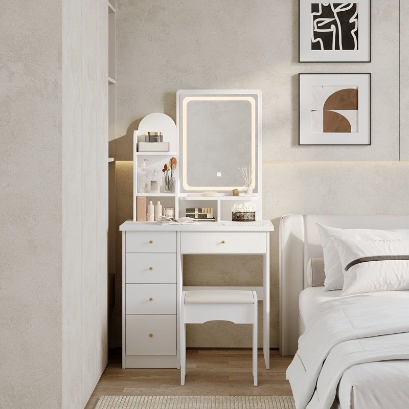 Dressing Table & Stool Set with 3 Colours LED Lights Mirror, Makeup Table with Ottoman & 5 Drawers, Large Storage Space Vanity Desk for Bedroom Furniture (White/LED)