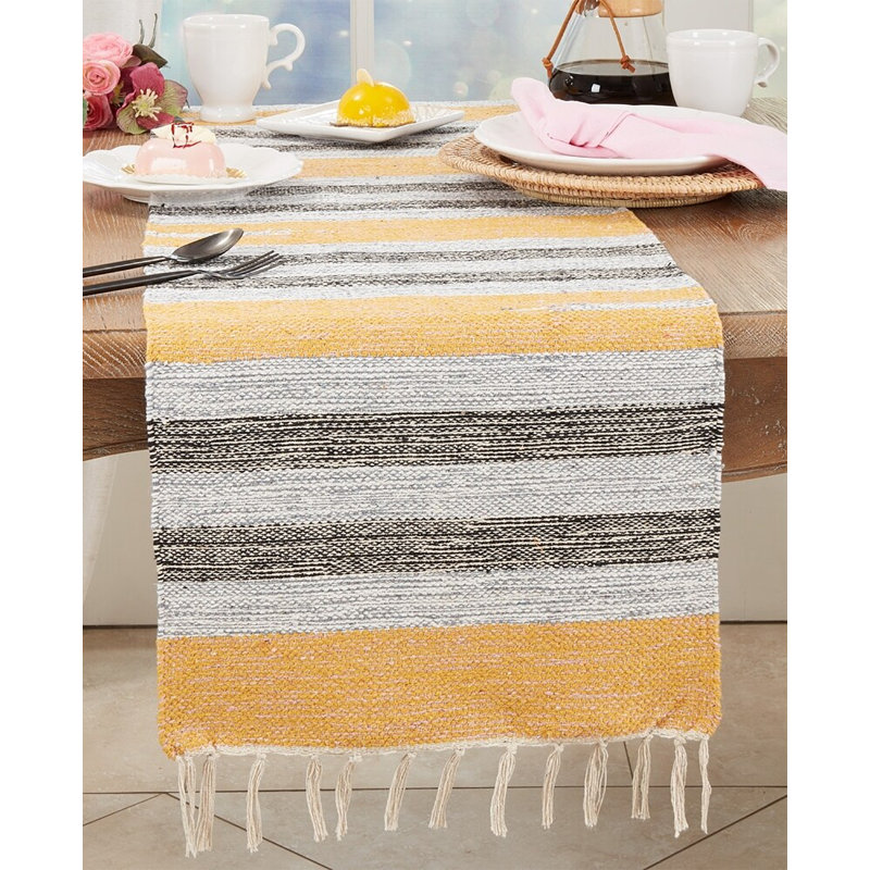 Multicolor Modern Striped Fringe Cotton Blend Table Runner, Runner 16" W x 54" L