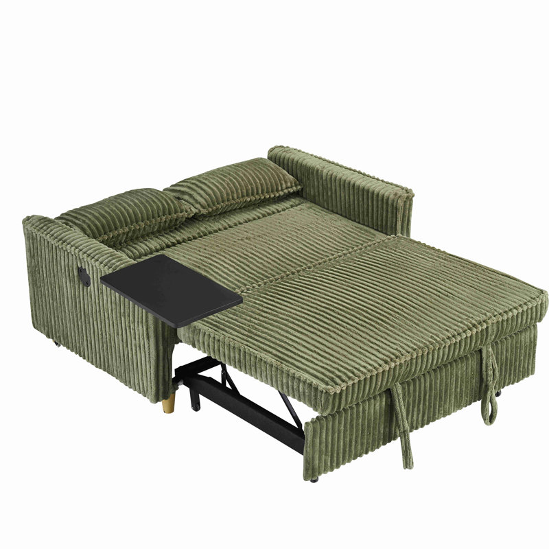 Pull-out Sofa with a Movable Tabletop and USB Ports, Green