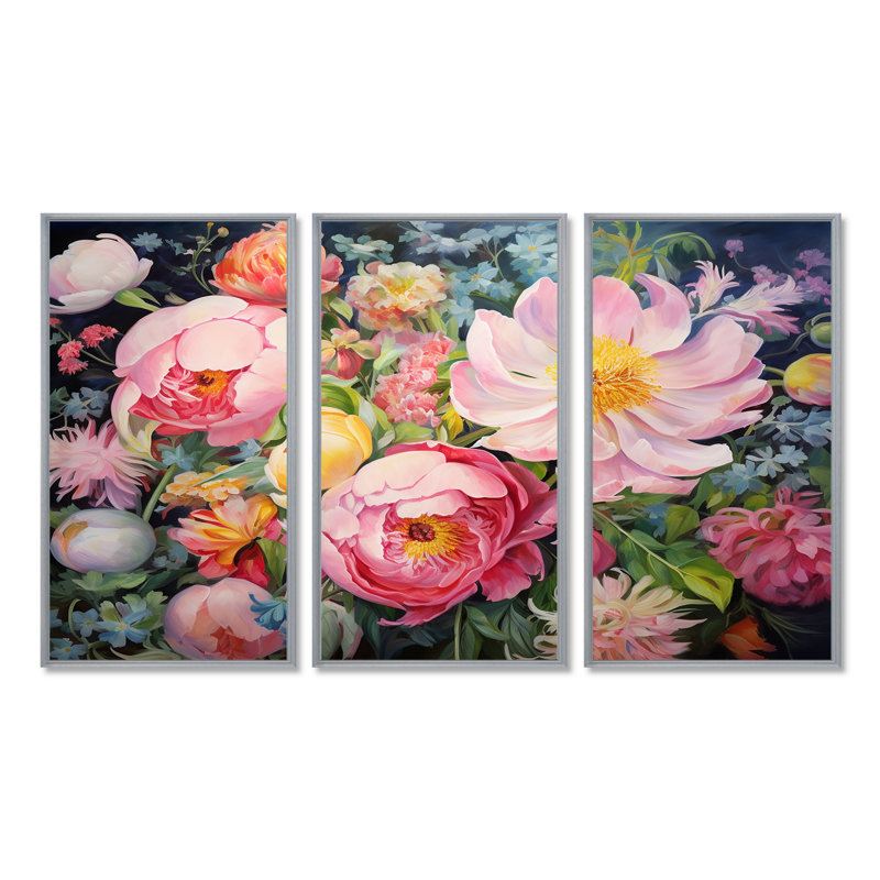Fleurs roses printanières - fleurs sauvages, Encadrement argenté, H 32 po x l 48 po x P 1 po