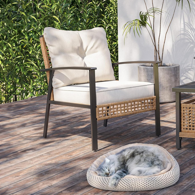 2 - Person Outdoor Pe Wicker Chair With Beige Cushions