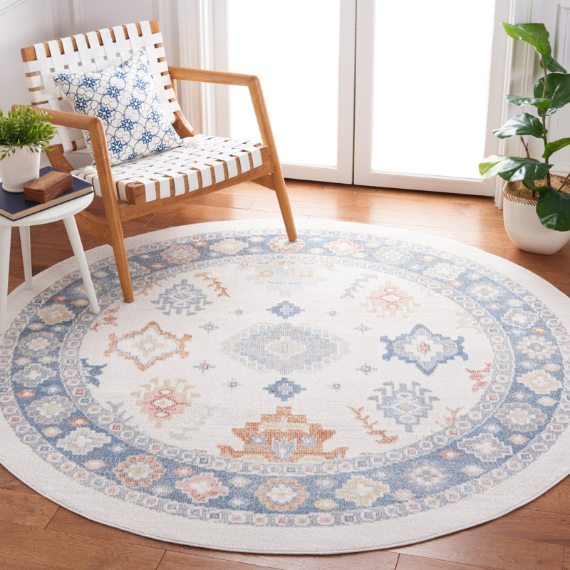 Tapis beige / bleu Huitt lavable 218, Rond 6 pi 7 po