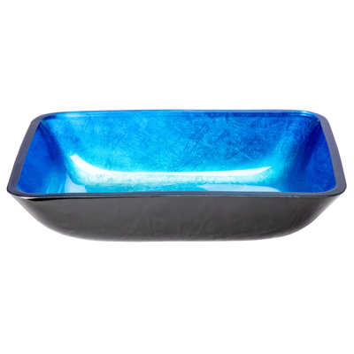 Lavabo de salle de bain rectangulaire en verre bleu peint à la main