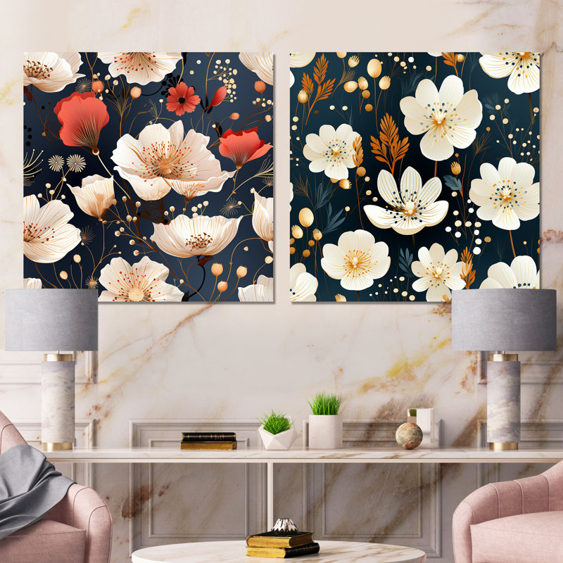 Hetre - Ensemble de salon mural floral 2 pièces, Toile tendue, H 16 po x l 33 po x P 1 po