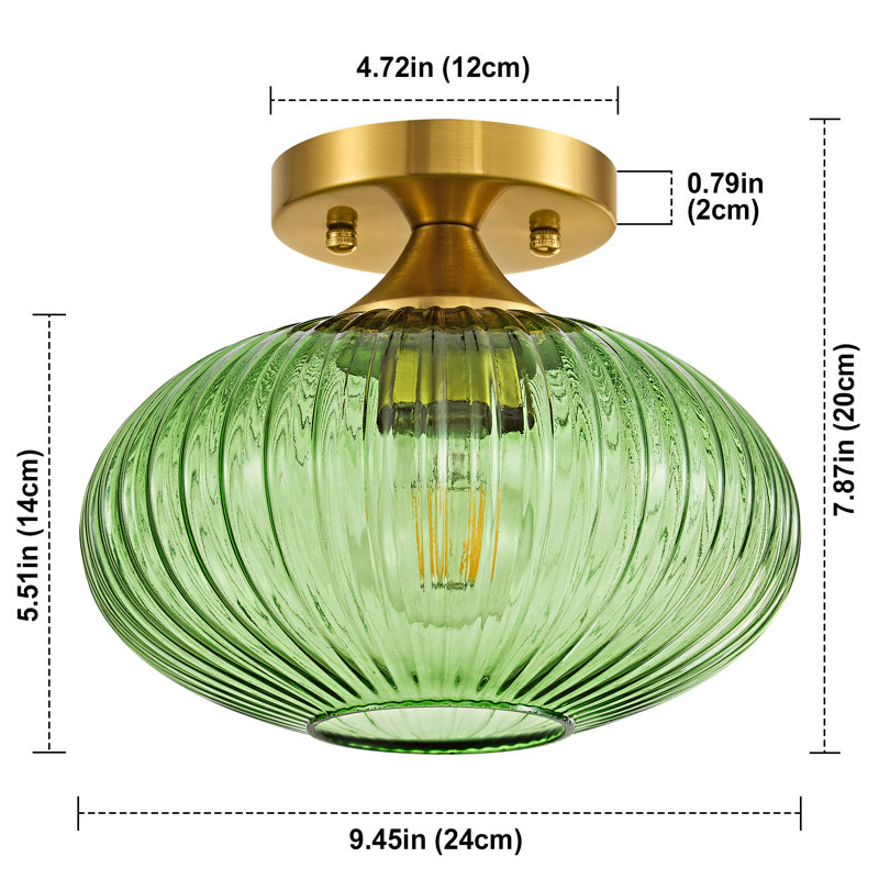 Vintage Green Ribbed Glass Flush Mount Ceiling Light - Gold Finish, E26 Compatible For Entryway, Hallway, Bedroom & Living Room