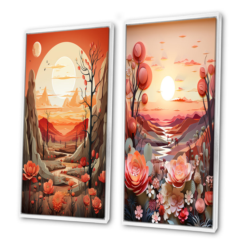 Cactus Tangerine Twilight - ensemble de 2 reproductions d'art sur toile Cactus, H 28 po x l 25 po, Cadre flottant blanc