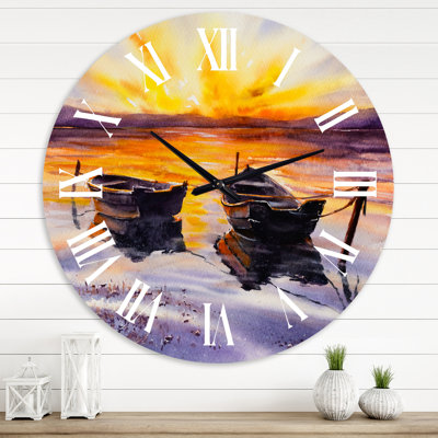 Coucher de soleil et deux petits bateaux stationnant sur le rivage - horloge murale Lake House