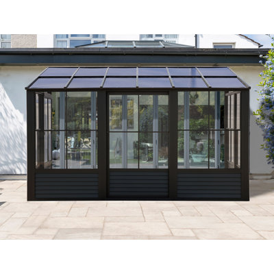 Gazebo Penguin Florence Wall Mounted Solarium 8 Ft x 16 Ft Polycarbonate Roof In Black