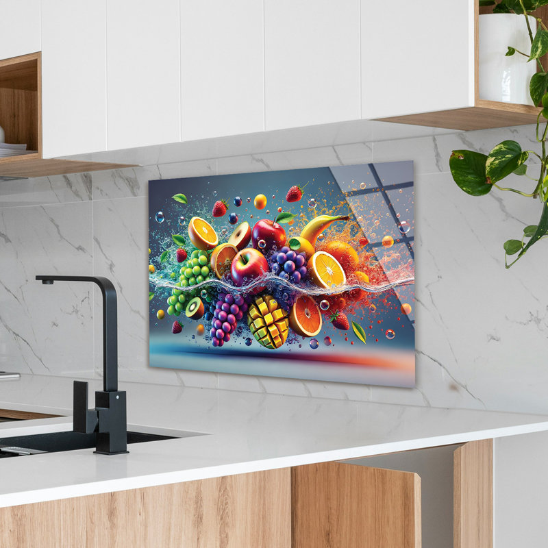 Fruit Cascade Tempered Glass Backsplash Tile - Kitchen Wall Decor, 36.5" H x 36.5" W x 0.5" D 