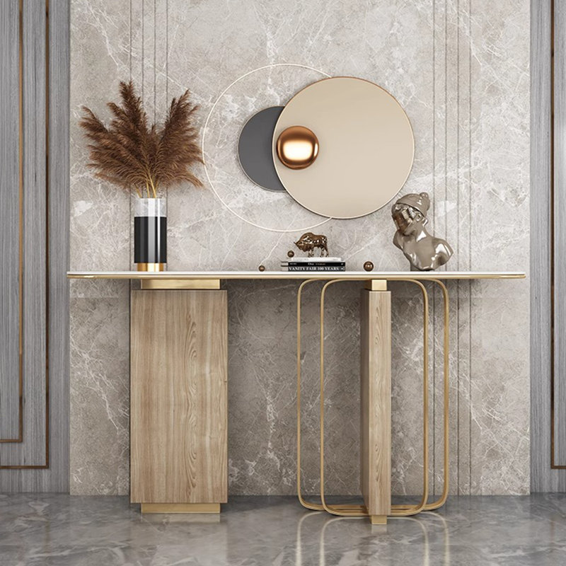 Console légère de luxe moderne, Or / Burlywood, H 33,5 po x l 63 po x P 13,8 po, Blanc