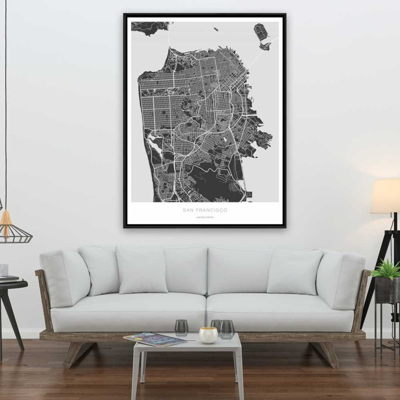 San Francisco Graphic Map - Gray Shapes Framed Canvas Decor, 49.25" H x 37.25" W