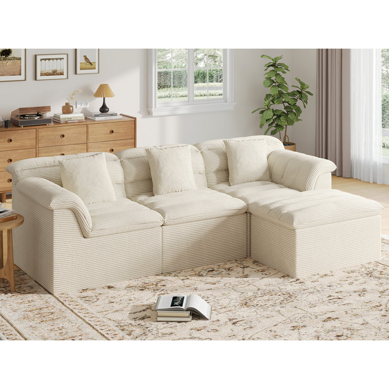 Canapé modulaire Boneless de 112 po avec repose-pieds Cloud, aucun assemblage requis, Beige, H 33 po x l 112 po x P 66,1 po
