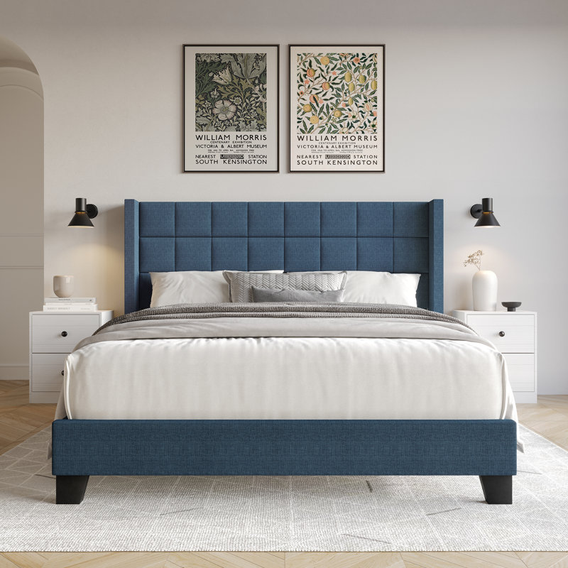 Jiahang Upholstered Unfinished Wingback Bed, Queen, Denim Blue