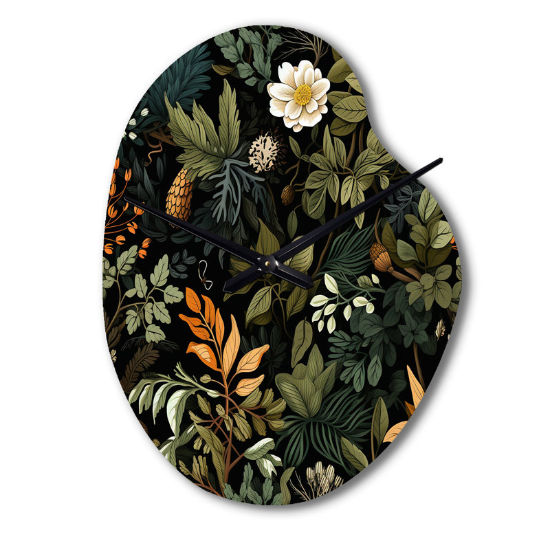 Rustic Wilderness Cottage Charm - horloge métallique asymétrique florale, imprimé horloge métallique de forme unique verte