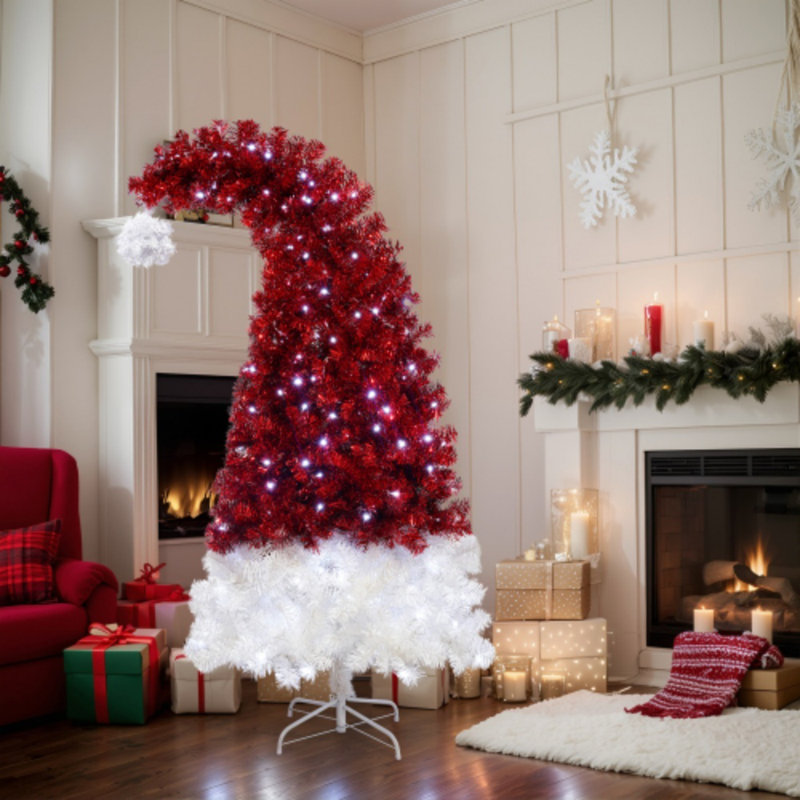 Pre-Lit Artificial Christmas Tree - LED Santa Hat Design, 1050 Tips, Whimsical Curved Xmas Tree
