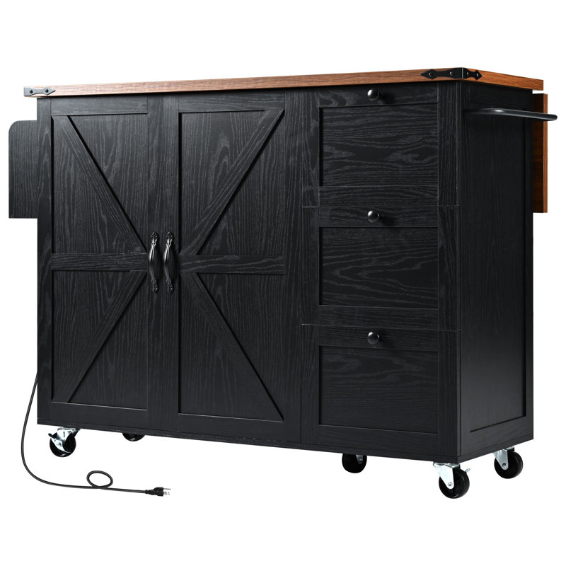 54.5" Farmhouse Kitchen Island With Drop Leaf, Built-In Power Outlet, Sliding Barn Doors With Internal Storage Racks, Spice Rack, Rolling Kitchen Cart On Wheels