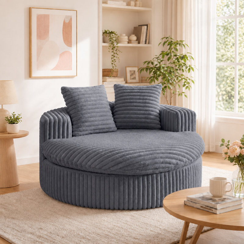Méridienne ronde de 52 pouces avec accoudoirs et 2 coussins, confortable canapé rembourré en velours côtelé pour salon, appartement, sans assemblage, gris foncé