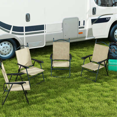 4 chaises de patio pliantes pour adultes, chaises de camping beiges. Cadre en métal thermolaqué. Deux places assises jusqu'à 528 lb Animal rétro. Jardin ou banc antique. Siège à lattes à drain rapide