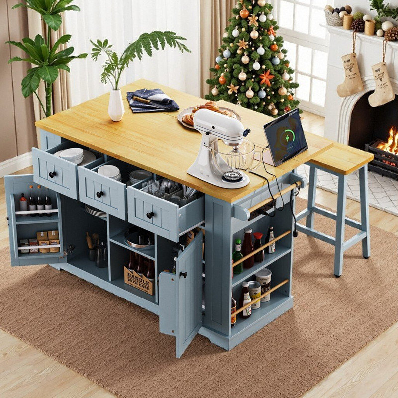 Chariot mobile pour îlot de cuisine avec abattant, prise électrique, supports, Gris + bleu
