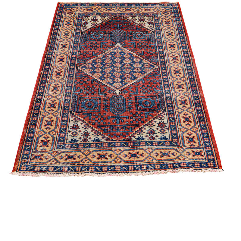 Tapis unique en laine multicolore / rouge 2 pi 6 po x 4 pi 2 po années 1990
