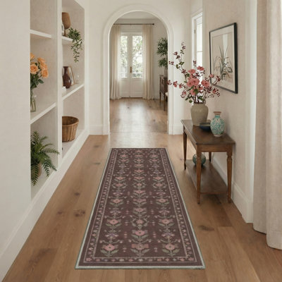 Tapis d'intérieur rouge / vert / rose lavable à la machine Bellingham Linden avec envers antidérapant