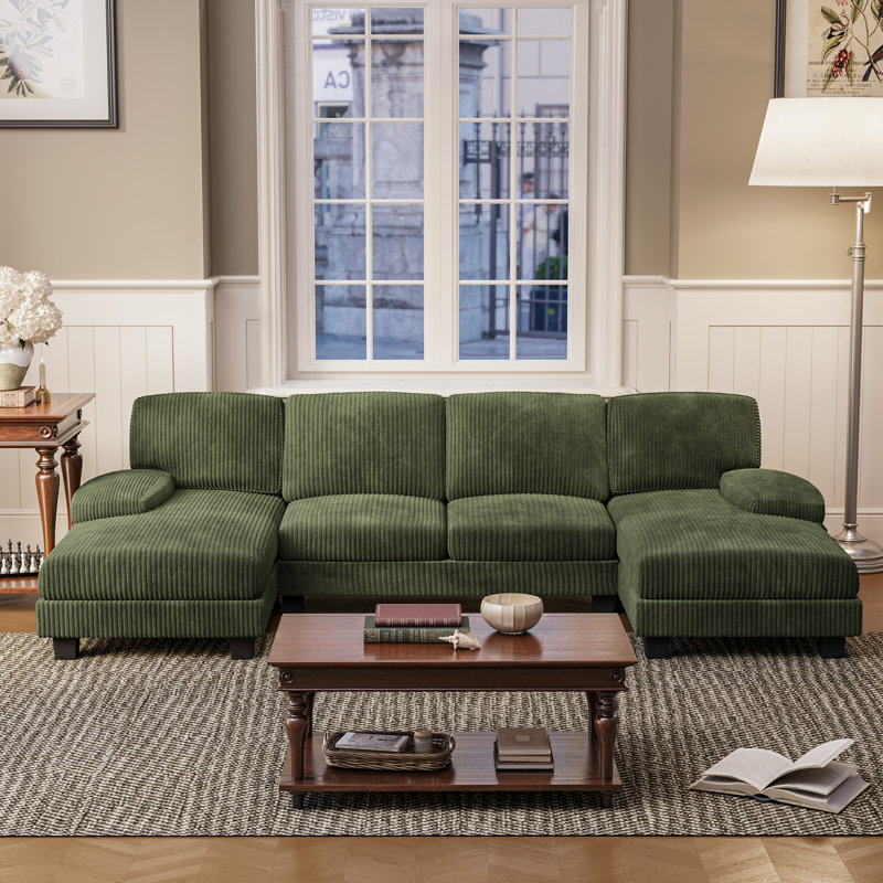 6 Seat U-Shaped Sectional Sofa, 105" Wide Modern Soft Sofa Couch with Double Chaises, Green Corduroy