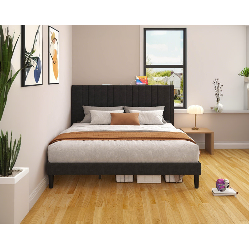 Alti 44.8'' Velvet Upholstered Tufted Bed Frame with Charging Station, Black, King