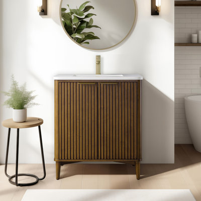 Tavoleto 30 In Single Sink Freestanding Bath Vanity In Walnut Mist With Carrara Engineered Stone Top