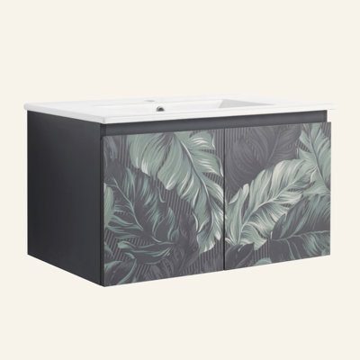 Meuble-lavabo mural flottant 30 po avec lavabo en céramique et porte d'armoire à fermeture en douceur, ensemble KD