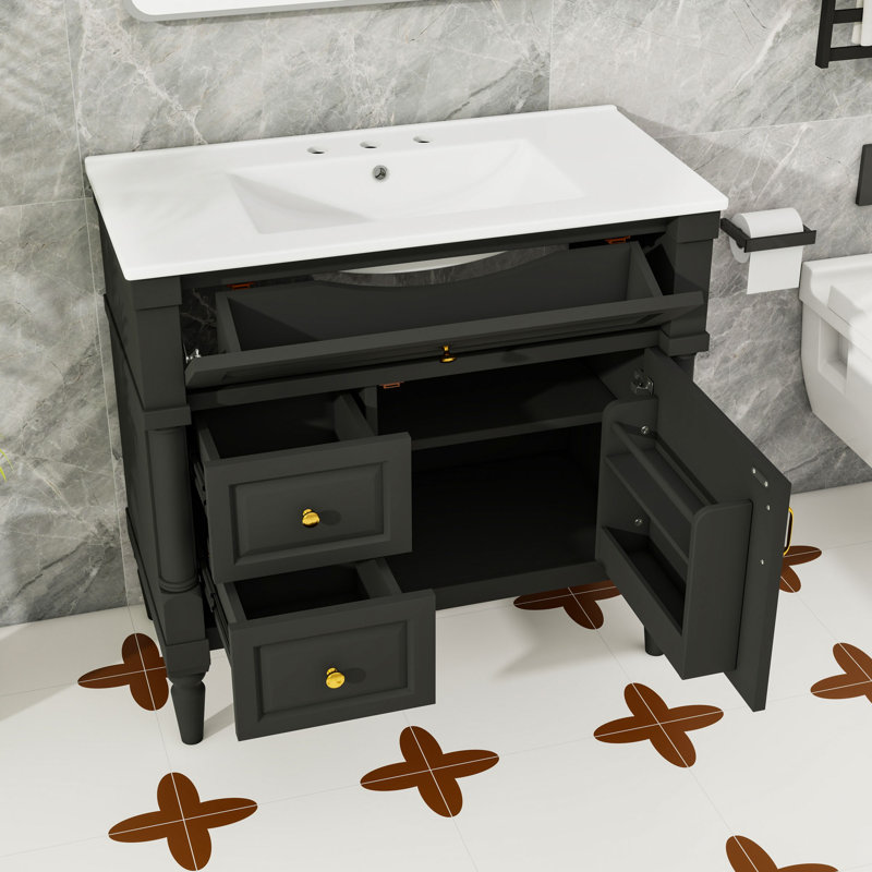 Meuble-lavabo de salle de bain avec lavabo, tiroir rabattable, tablette réglable et rangement pour porte, Noir