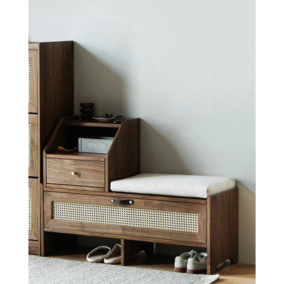 Scandinavian Solid Wood Shoe Storage Bench with Drawer and Rattan Inlay