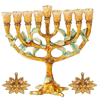 Bundle Of Hanukkah Celebration - Hand Painted Enamel Menorah Candelabra W/ Tree & Flower Buds Design & 2 Qty Of Hand-Painted Spinning Dreidels By Matashi