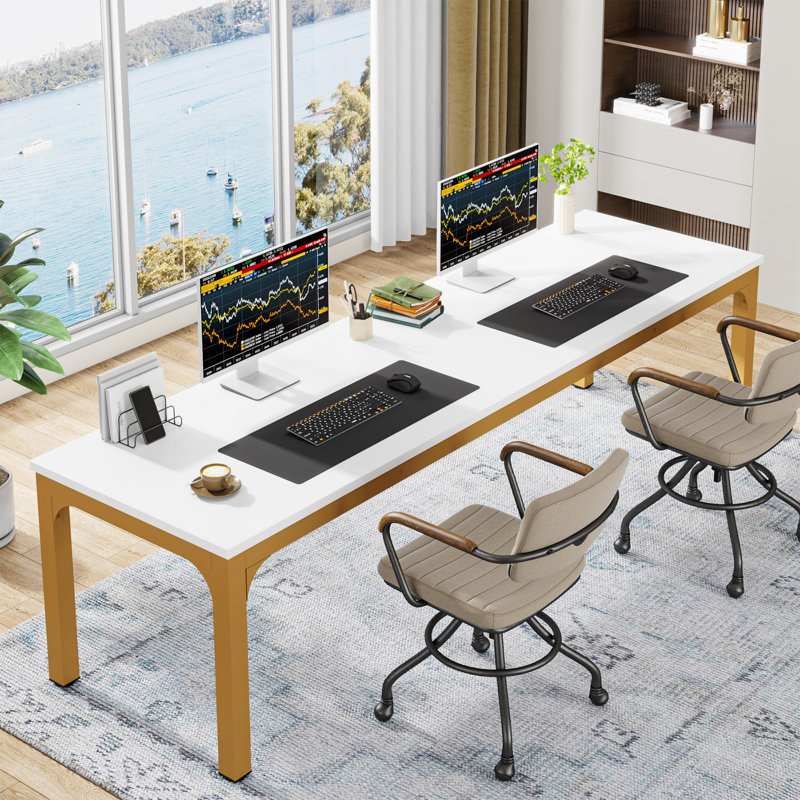 Akul Extra Long Computer Desk, Large Workstation for Home Office, White/Gold