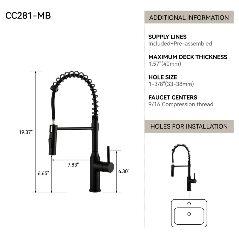 Robinet de cuisine rétractable à poignée simple Nayeli High Arc, ligne d'alimentation incluse, noir mat, Noir mat