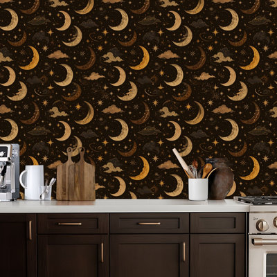 Papier peint adhésif autocollant céleste, étoiles de lune foncées, papier contact mural amovible, adhésif pour décoration de chambre à coucher, armoires de cuisine 17,7 po x 118 po