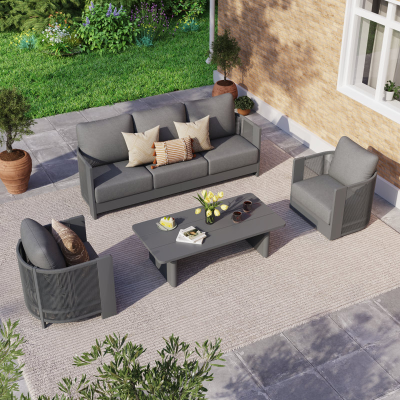 Ensemble de conversation d'extérieur 4 pièces avec coussins Wallie, 4 Pcs: Table, Sofa, 2 Chairs