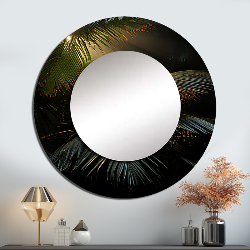 Sépia Serenity Palms - miroir mural palmiers, miroir décoratif rond vert, impression d'art en métal, 29 po x 29 po