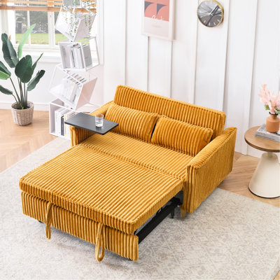 Canapé multifonctionnel en velours côtelé avec dessus de table avec accoudoirs mobiles, ports USB et Ups, canapé-lit convertible avec roulettes (2 coussins décoratifs inclus)