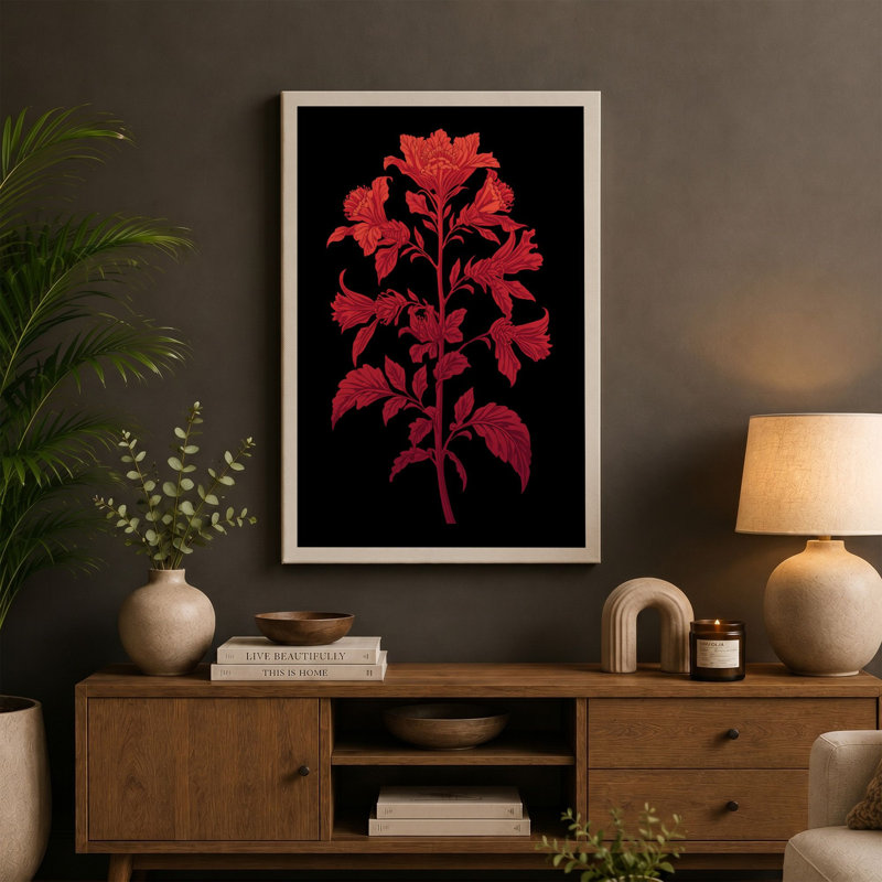 Crimson Bloom Botanical - Wrapped Canvas, 30x20 - 76.2 x 50.8 cm, Ochre Border