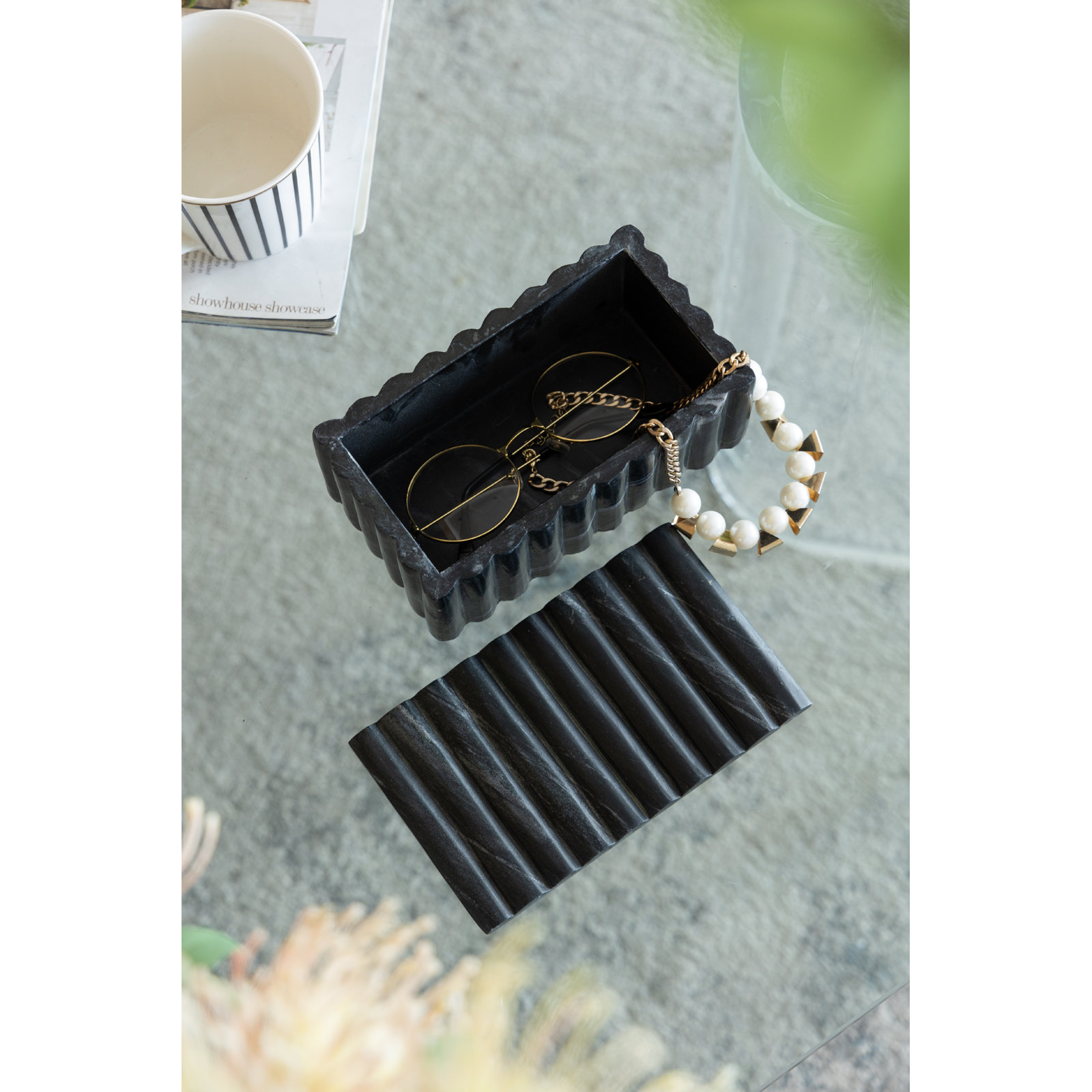 Marble Lidded Storage Box, Black