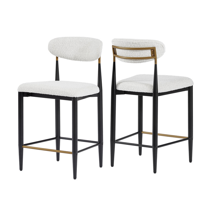 Sloane Modern Upholstered Iron Counter Stools With Open Back And Gold Accents, White/Gold/Black/Boucle