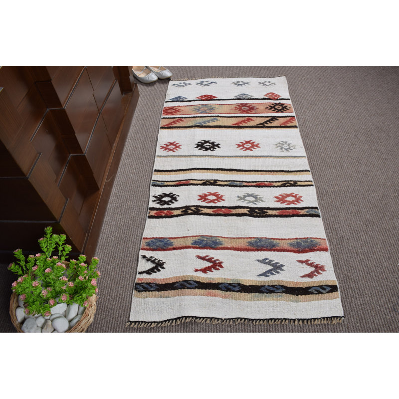 Tapis blanc tissé à la main à motif kilim turc tissé à la main en petit format