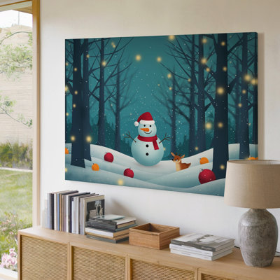 Canvas A Whimsical Winter Scene Featuring A Cheerful Snowman With A Wall Art Bright Orange Carrot Nose Wearing A Red Scarf And A Canvas Wall Art
