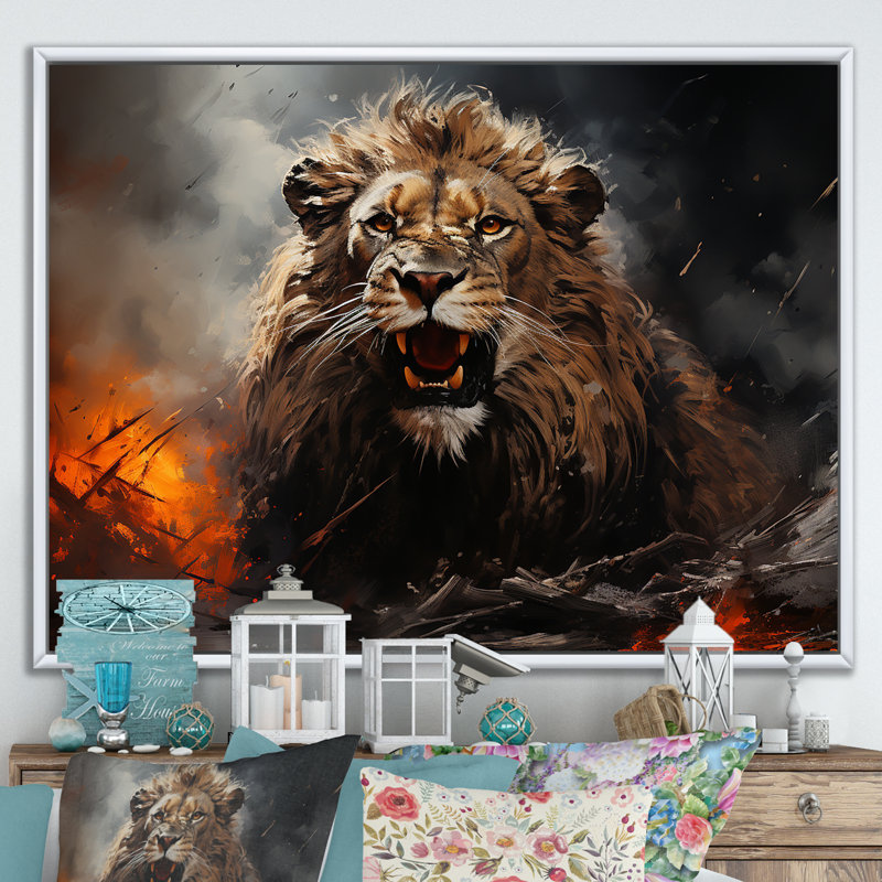 «Feral Passion Roar Lion» sur toile, Cadre flottant blanc, H 30 po x l 40 po x P 1,5 po