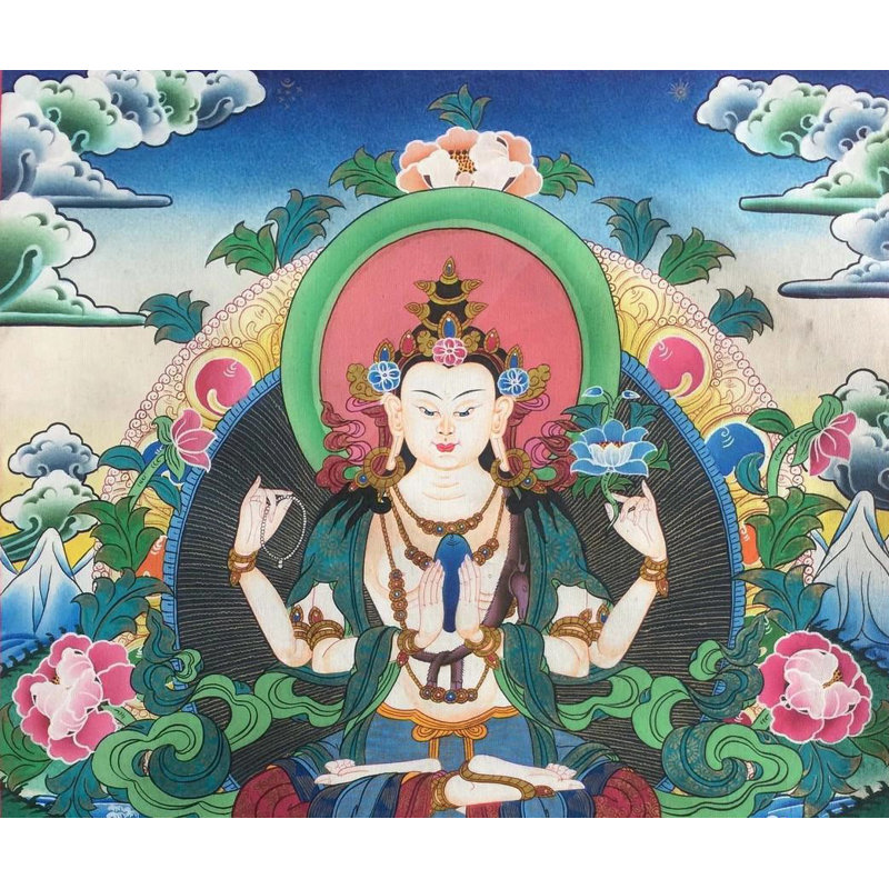 Chaturbhuja Avalokiteshvara | Chenrezig Thangka (Brocadeless Thangka)